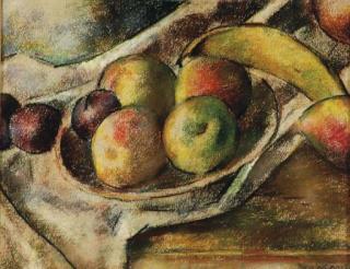 Robert Brackman - Apples, plums and a banana on a tabletop