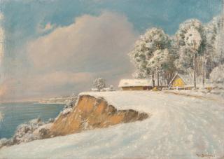 Robert Büchtger - Verschneite Flusslandschaft (Zwei Häuser am Uferhang)