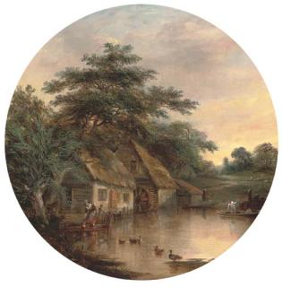 Robert Burrows - A milkmaid by a watermill; and Cattle watering in a river landscape