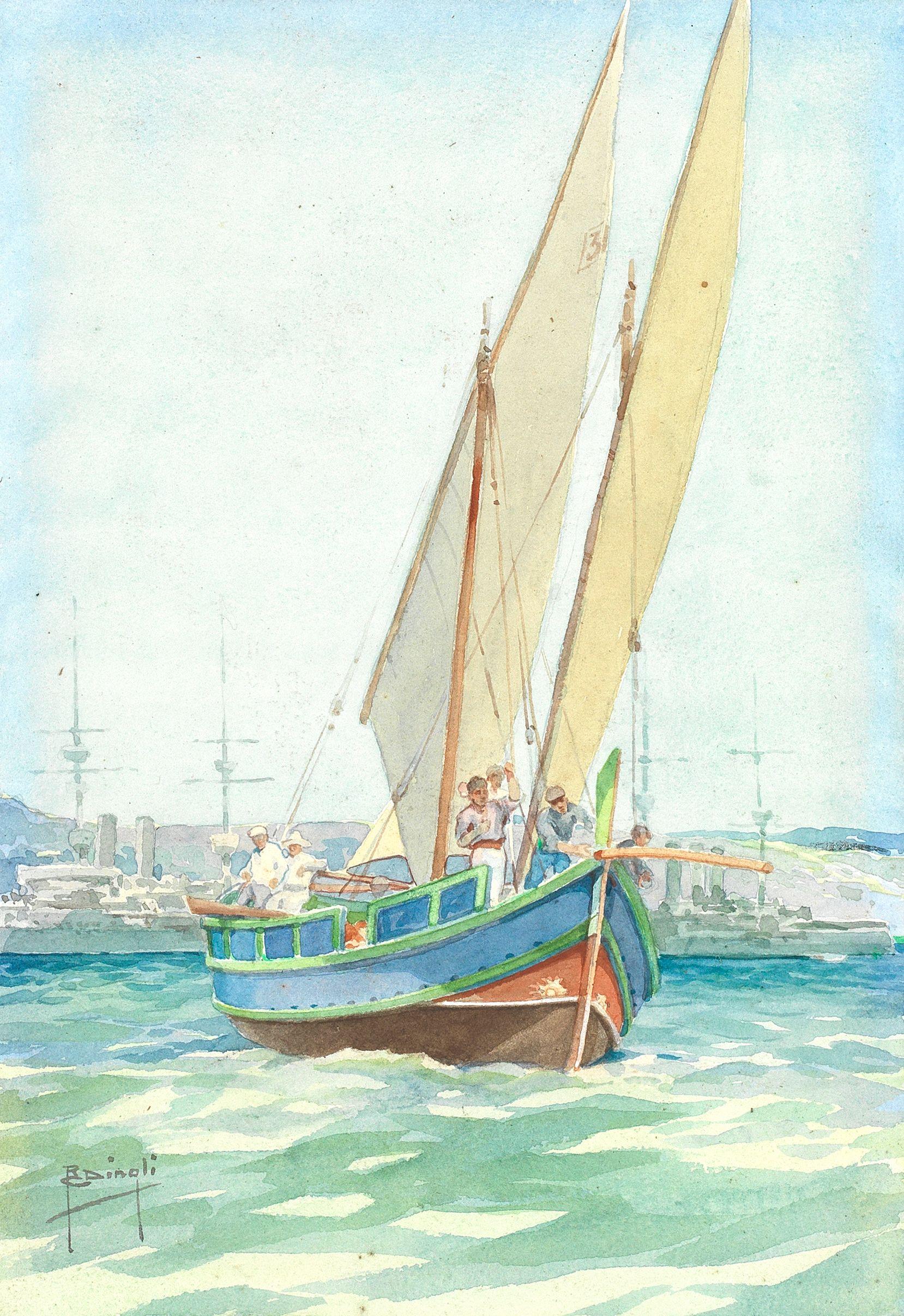 Robert Caruana Dingli - Views of luzzu boats off Malta, a pair each 25.4 x 17.5cm (10 x 6 7/8in). (2)