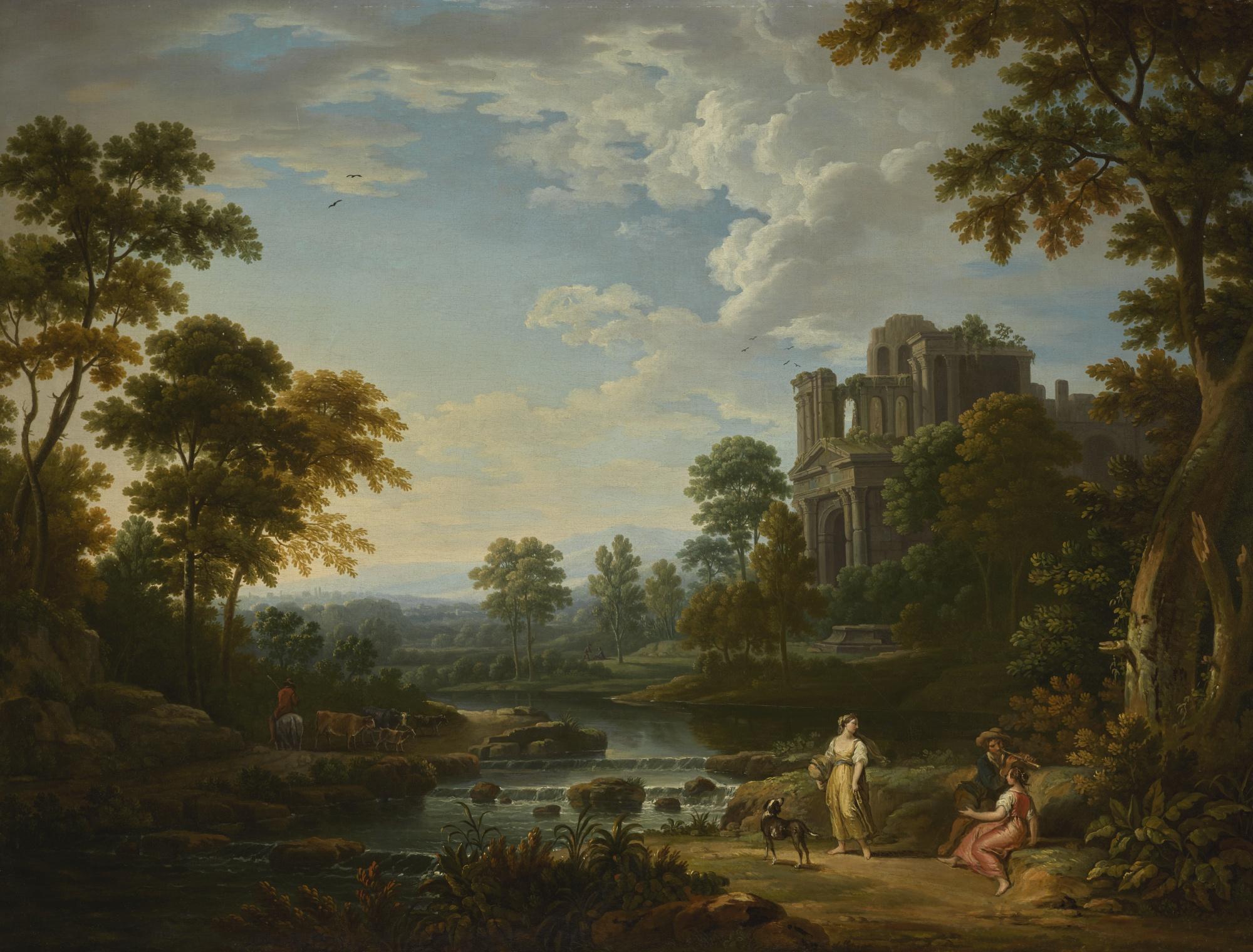Robert Carver - A Wooded River Landscape With Classical Ruins, A Drover With Cattle And Figures Playing Music In The Foreground