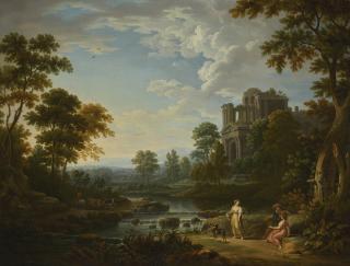 Robert Carver - A Wooded River Landscape With Classical Ruins, A Drover With Cattle And Figures Playing Music In The Foreground