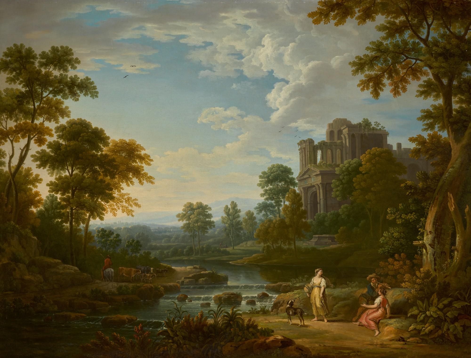 Robert Carver - A Wooded River Landscape With Classical Ruins, A Drover With Cattle And Figures Playing Music In The Foreground