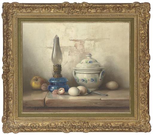 Robert Chailloux - An Apple, Wallnuts, Eggs, Oil Lamp And Soup Tureen, On A Stone Ledge