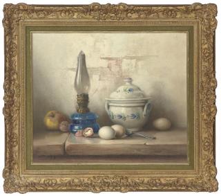 Robert Chailloux - An Apple, Wallnuts, Eggs, Oil Lamp And Soup Tureen, On A Stone Ledge