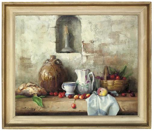 Robert Chailloux - Bread, a wine flagon, cup, jug, cherries and an apple, on a wooden table with a candle in an alcove