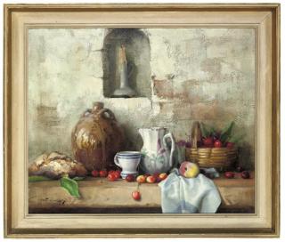 Robert Chailloux - Bread, a wine flagon, cup, jug, cherries and an apple, on a wooden table with a candle in an alcove