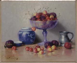 Robert Chailloux - Cherries and plums in a glass bowl, a porcelain vase and pewter tankard to the side