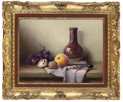 Robert Chailloux - Grapes, a peach and walnuts, with an earthenware bottle to the side