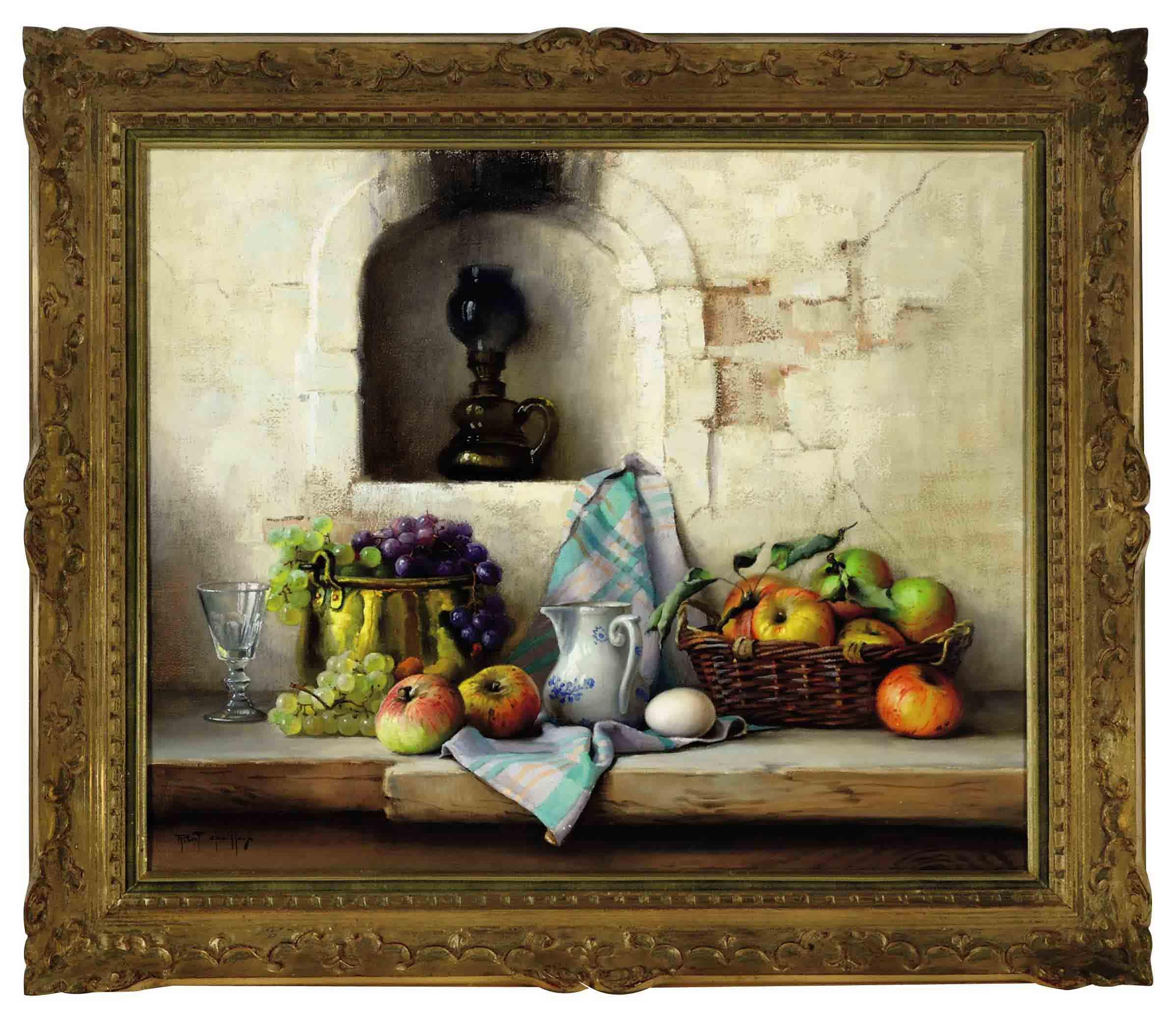 Robert Chailloux - Still life of a basket of apples and grapes on a ledge