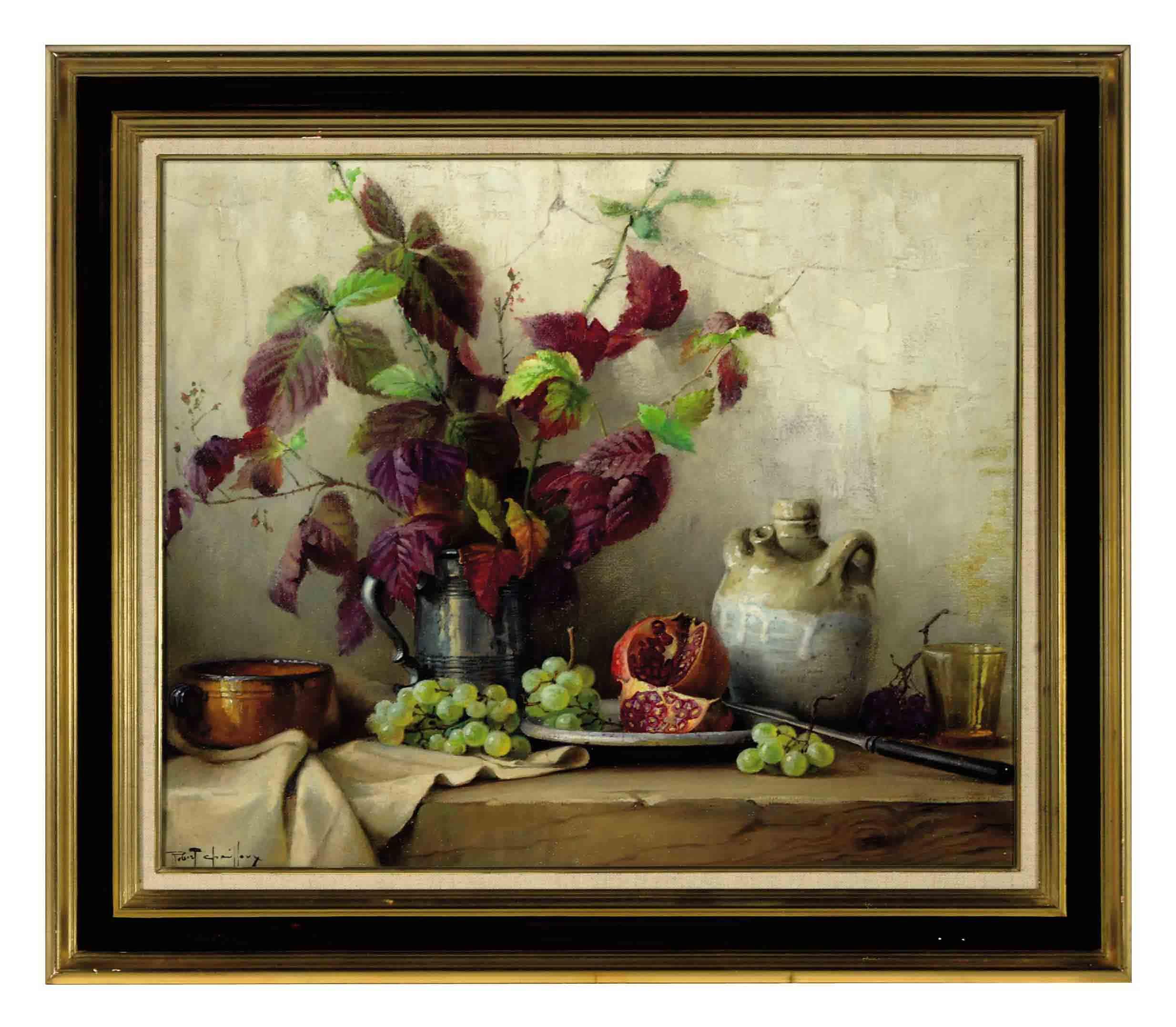 Robert Chailloux - Still life of a pitcher holding autumn leaves and a pomegranate and grapes on a ledge
