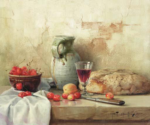 Robert Chailloux - Still life of cheeries, bread and a jug with a glass of wine