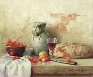 Robert Chailloux - Still life of cheeries, bread and a jug with a glass of wine