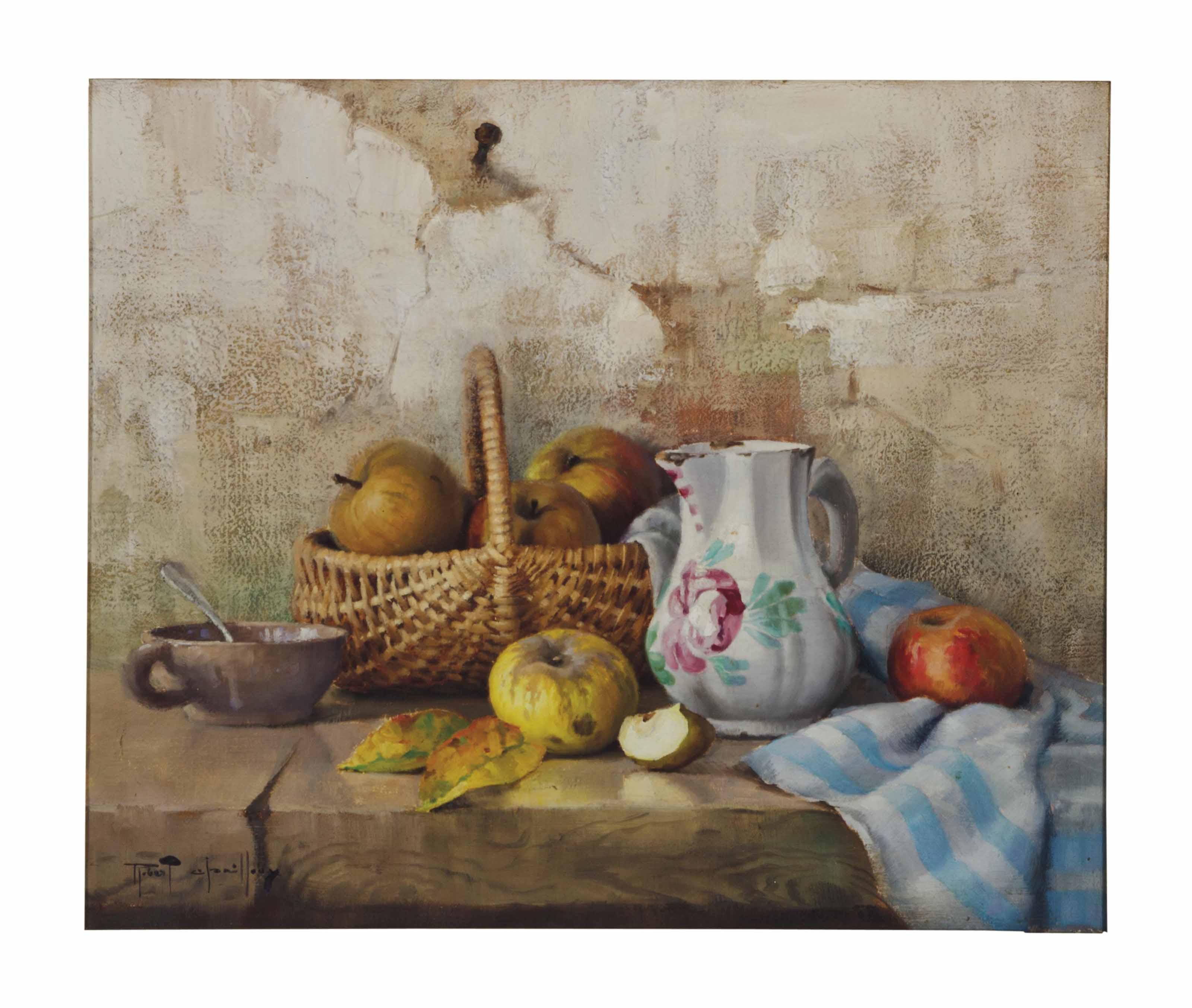 Robert Chailloux - Still life with pitcher and apples in a whicker basket