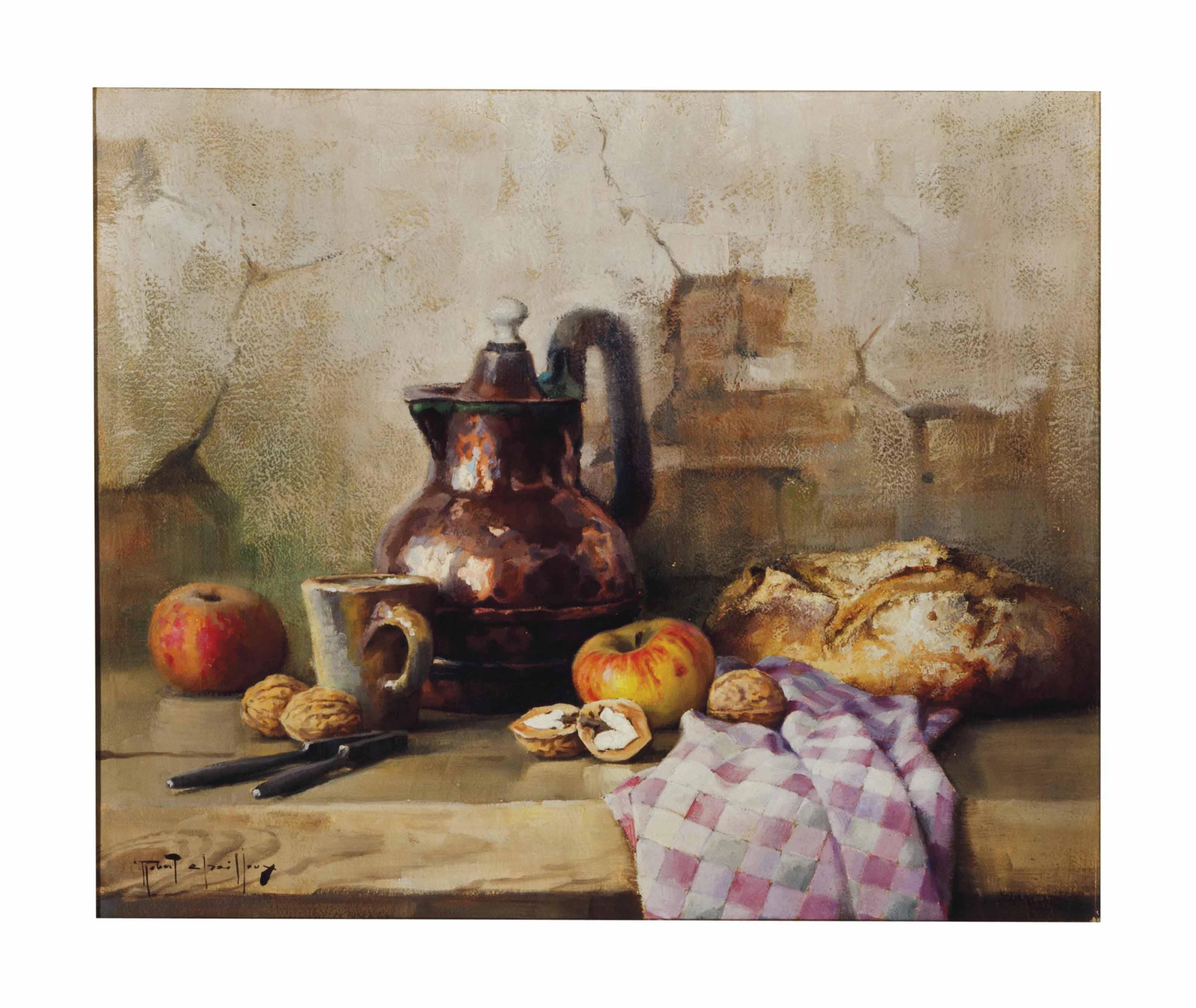 Robert Chailloux - Still life with tankard, bread, apples and walnuts