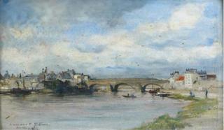 Robert Charles Gustave Laurens Mols - A river landscape with a bridge