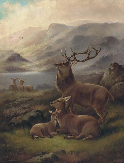 Robert Cleminson - A stag with hinds by a loch