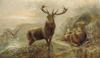 Robert Cleminson - A stag with hinds by a loch