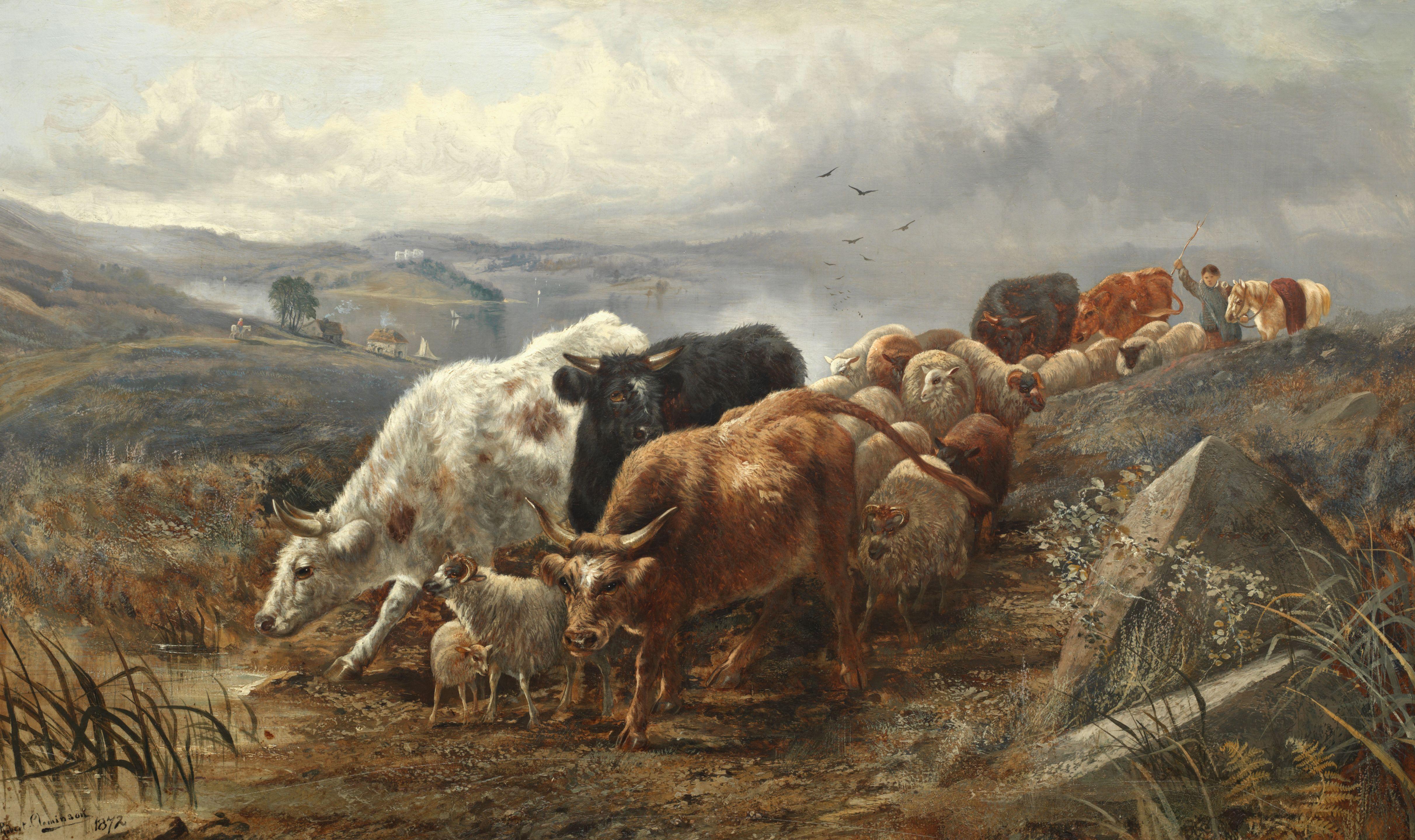 Robert Cleminson - Stag And Deer In A Highland Landscape