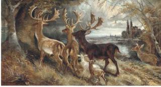 Robert Cleminson - Stags Watering; And Stag\'S And Hindes By A Tree
