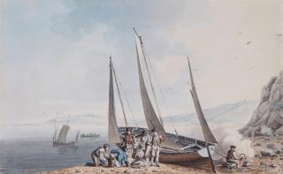 Robert Cleveley - A beached boat at Dover, a Picnic in preparation