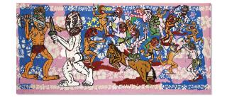 Robert Combas - Bataille de primitifs sur rose motif des années 70