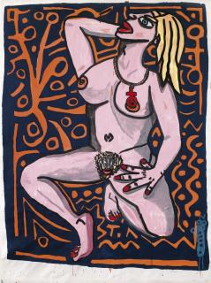 Robert Combas - Jeune Femme À La Tapisserie Oringe Qui Se Pose En Modèle De Peinturesigned And Dated 82; Acrylic And Gouache On Paper.