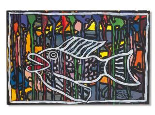 Robert Combas - Le poisson blanc transparent qui nage dans les couleurs colorées à la peinture à l’eau