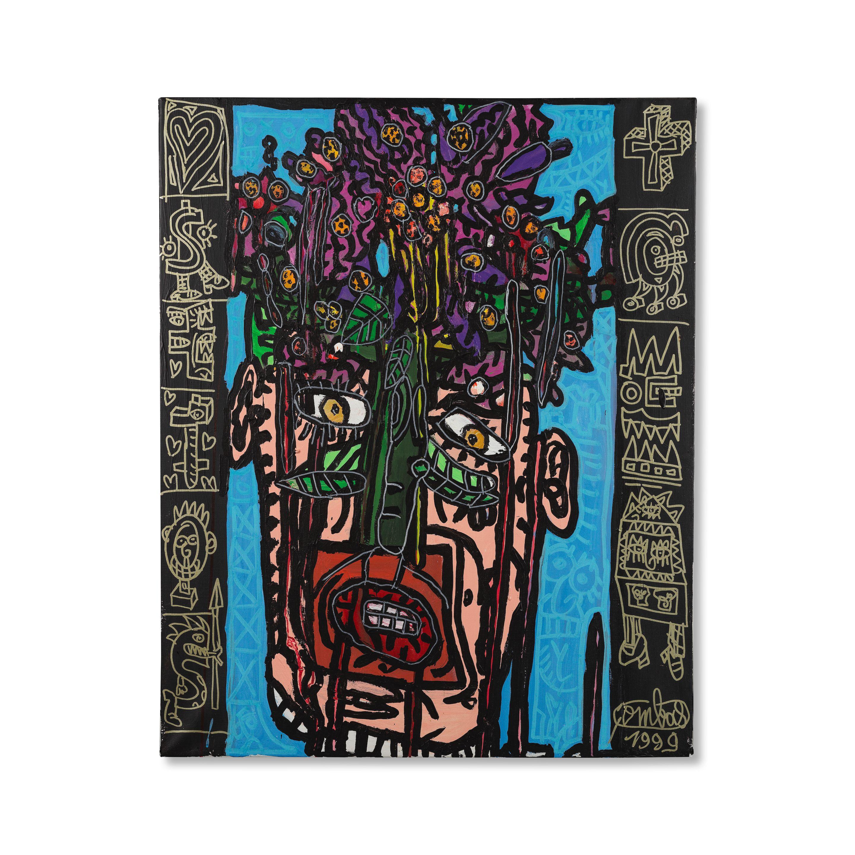 Robert Combas - Personnage fleur entouré d\'un cœur, d\'une croix, d\'un marteau, d\'un S, d\'une tête d\'ovale, d\'un autre S vengeur et de deux ou trois \