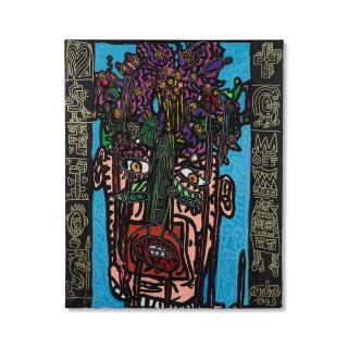 Robert Combas - Personnage fleur entouré d\'un cœur, d\'une croix, d\'un marteau, d\'un S, d\'une tête d\'ovale, d\'un autre S vengeur et de deux ou trois \