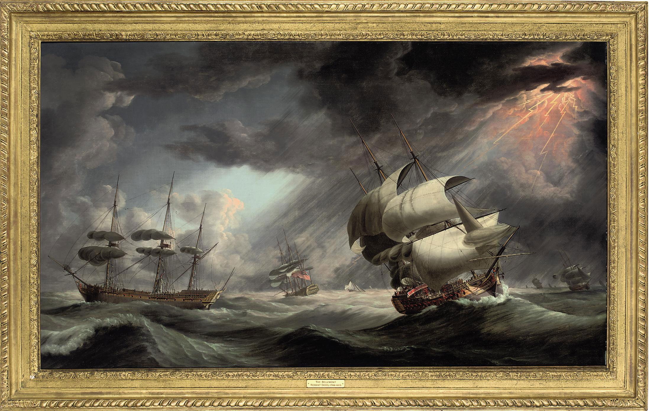 Robert Dodd - A Royal Naval warship in two positions within a Squadron of the Red caught in a gale