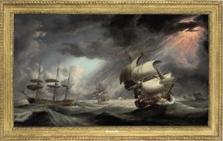 Robert Dodd - A Royal Naval warship in two positions within a Squadron of the Red caught in a gale