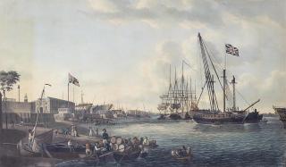 Robert Dodd - A view of the Royal Dockyard at Deptford