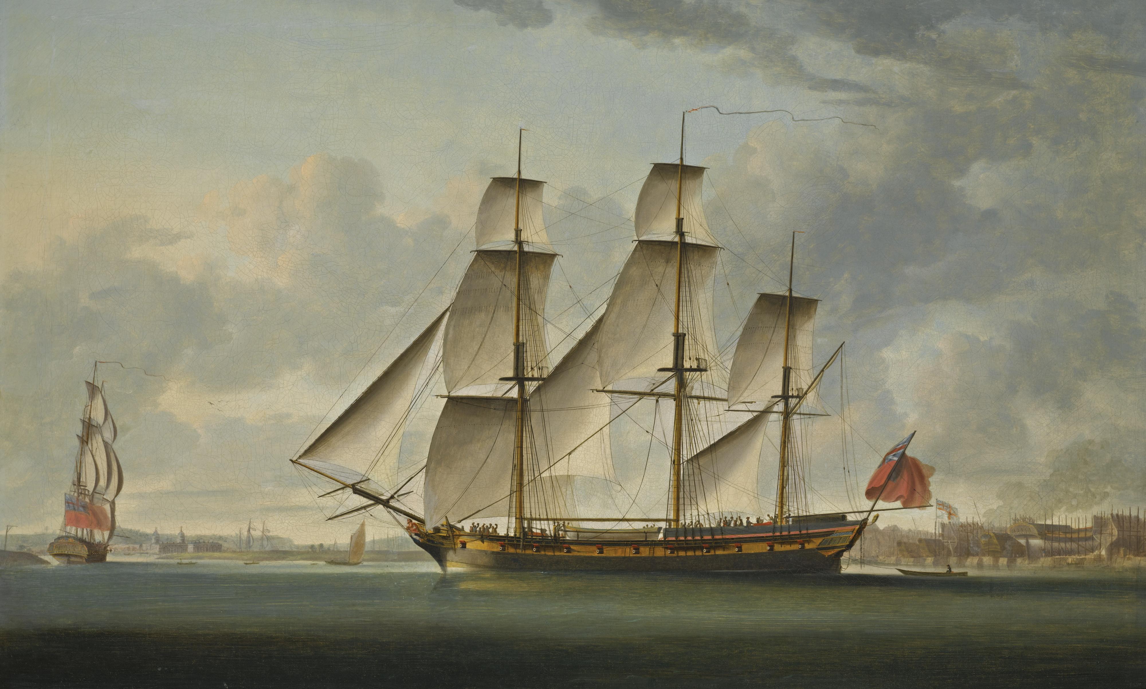 Robert Dodd - The East Indiaman Delaford, In Two Positions, Passing Deptford, The Royal Hospital At Greenwich Beyond