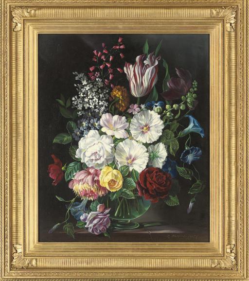 Robert Dumont-Smith - Mixed Flowers In A Glass Vase On A Ledge