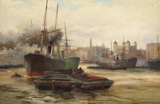 Robert Ernest Roe - A busy Thames scene with the Tower of London and The Monument in the distance