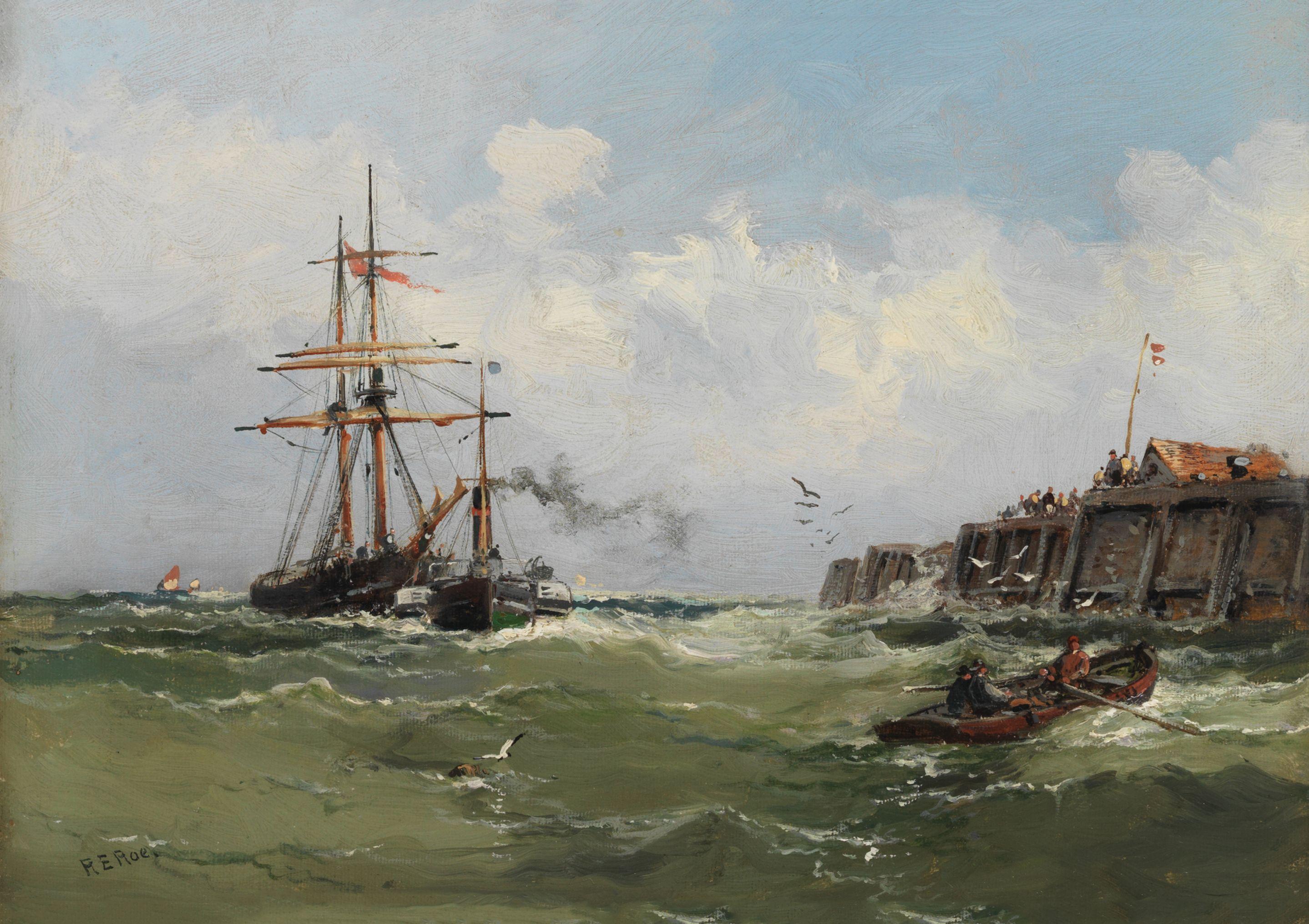 Robert Ernest Roe - Entering harbour; A busy harbour scene, a pair each 22.8 x 33cm (9 x 13in). (2)