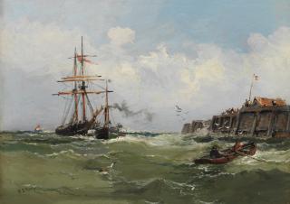 Robert Ernest Roe - Entering harbour; A busy harbour scene, a pair each 22.8 x 33cm (9 x 13in). (2)