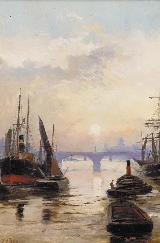 Robert Ernest Roe - Shipping on the Thames at sunset; and A moonlit shipping scene on the Thames