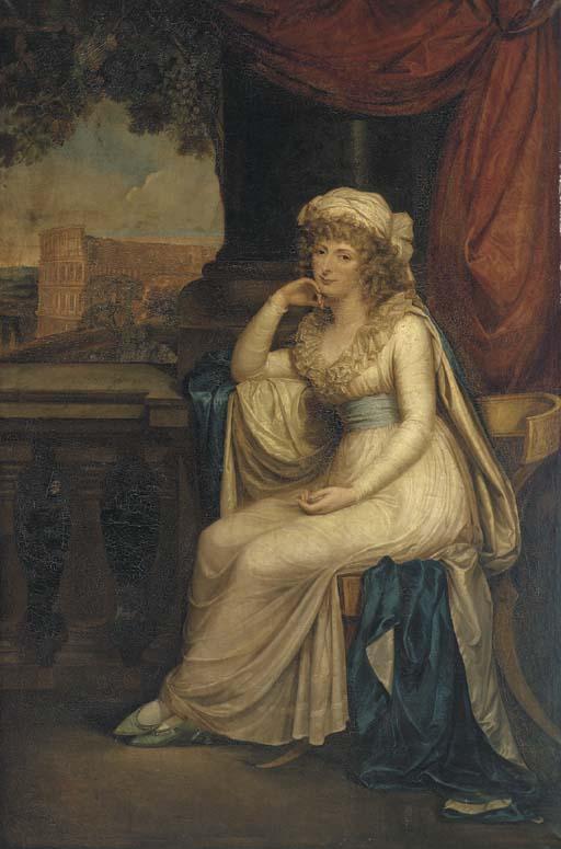 Robert Fagan - Portrait Of Lady Clifford, Full-Length, Seated In A White Dress With Blue Sash On A Klismos Chair On A Loggia Overlooking The Colloseum