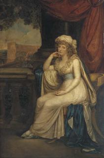 Robert Fagan - Portrait Of Lady Clifford, Full-Length, Seated In A White Dress With Blue Sash On A Klismos Chair On A Loggia Overlooking The Colloseum