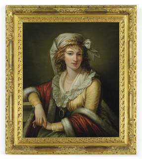 Robert Fagan - Portrait of the artist\'s wife Anna Maria Aloisna Rosa Ferri, daughter of Pietro Ferri, half-length, in a yellow dress with a red fur-lined cloak, with a white headdress and wearing a necklace with a pendant, leaning on a ledge