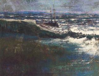 Robert Falk - A ship entering a harbour in a stormy sea