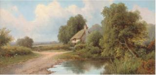 Robert Fenson - A shepherd and his flock on a rural track; A maid on a track, with a river and bridge beyond; and A maid on a track by a cottage