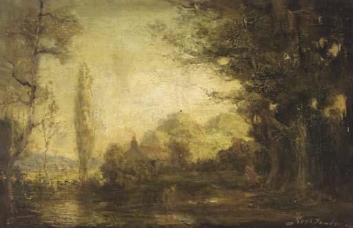 Robert Fowler, R.W.S. - Figures by a river in a wooded landscape