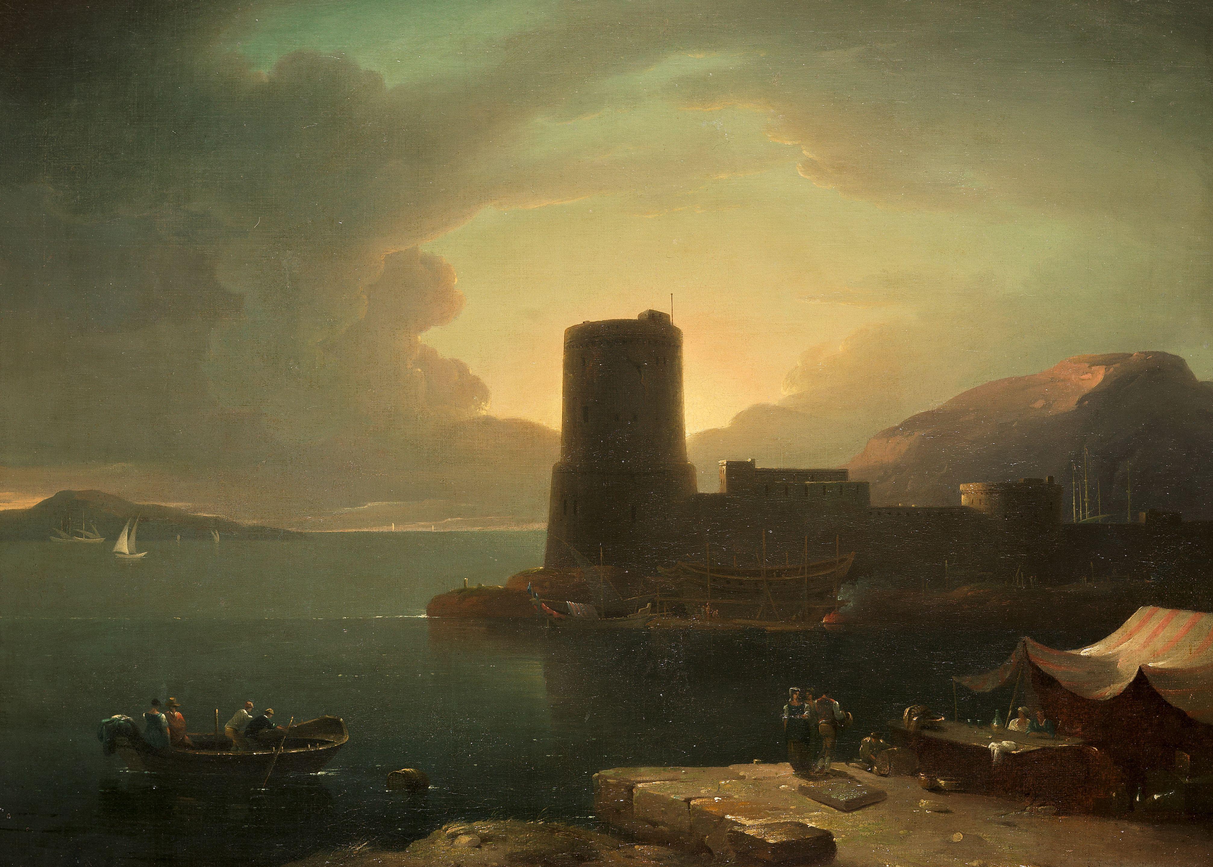 Robert Freebairn - A Mediterranean Harbour With Fishermen Approaching A Martello Tower