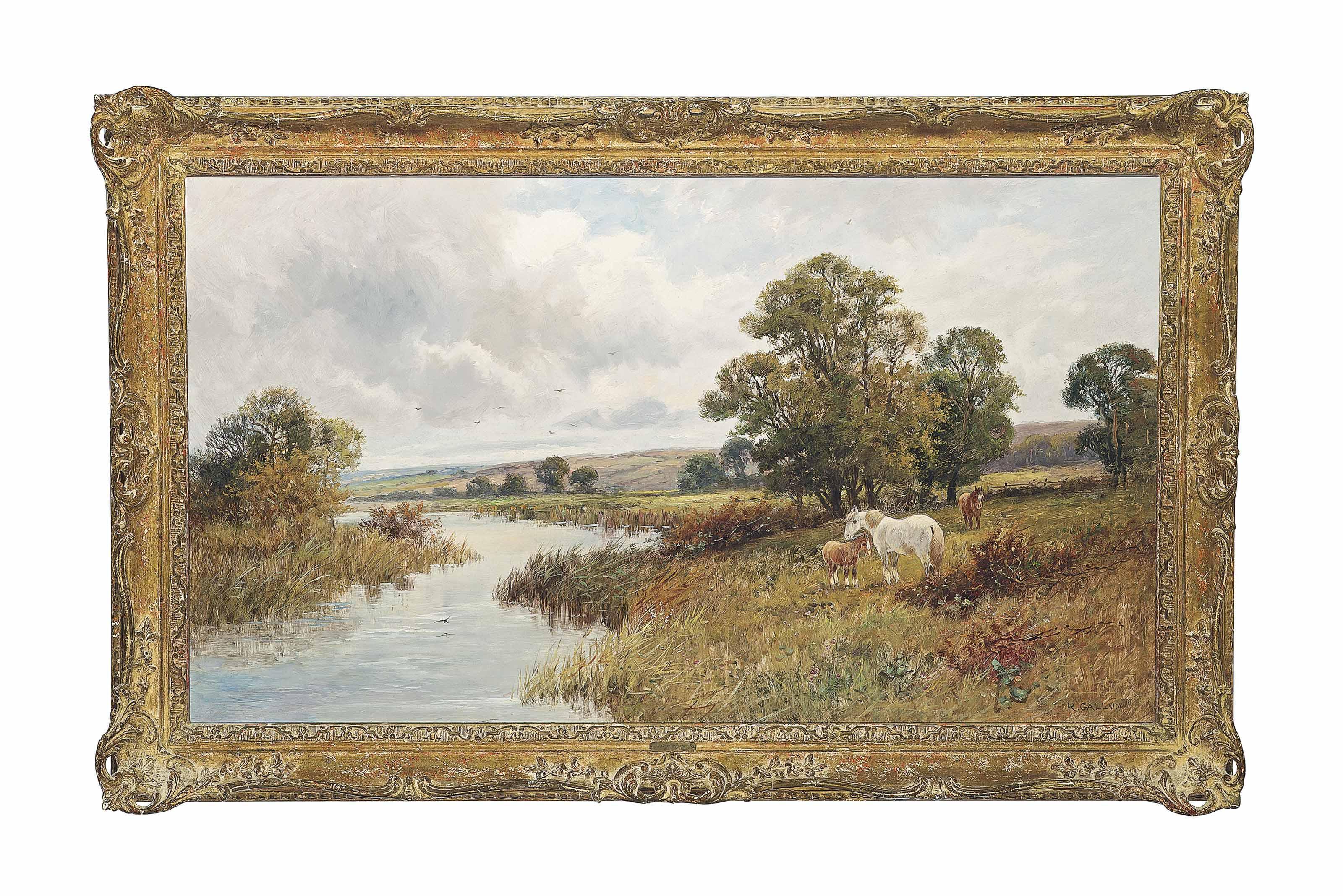 Robert Gallon - A Mare And Foals Grazing By A River