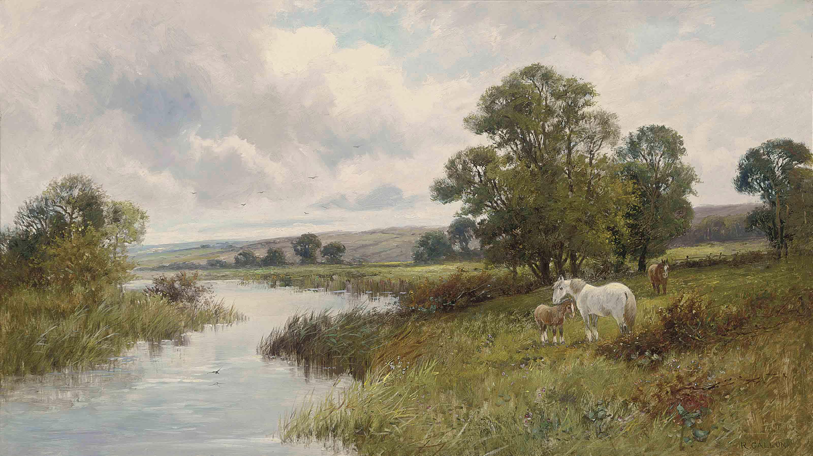 Robert Gallon - A Mare And Her Foals Grazing At The Side Of A River