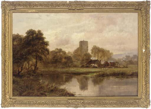 Robert Gallon - A peaceful river view with a farm and church beyond