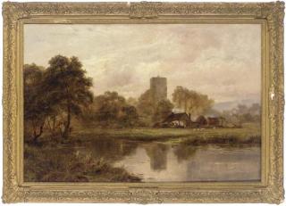 Robert Gallon - A peaceful river view with a farm and church beyond